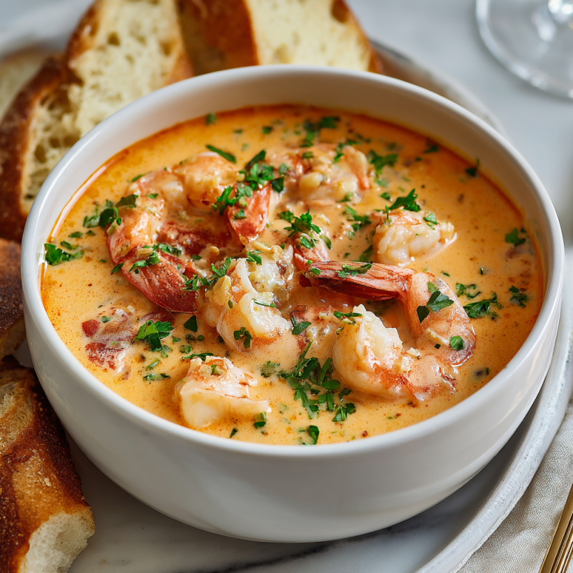 A bowl of shrimp and crab bisque.