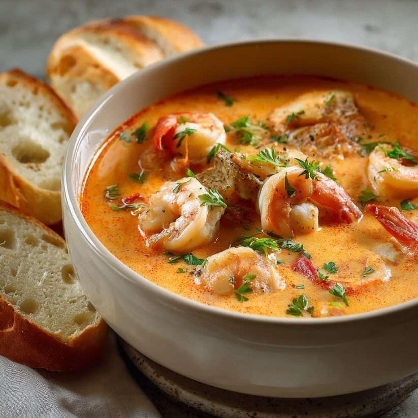 A bowl of shrimp and crab bisque.