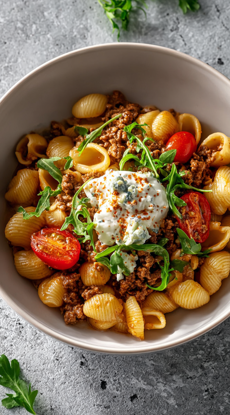 A bowl of pasta with tomatoes, spinach, and cheese.