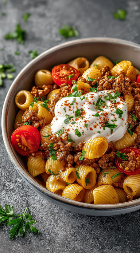 A bowl of pasta with tomatoes and white sauce.