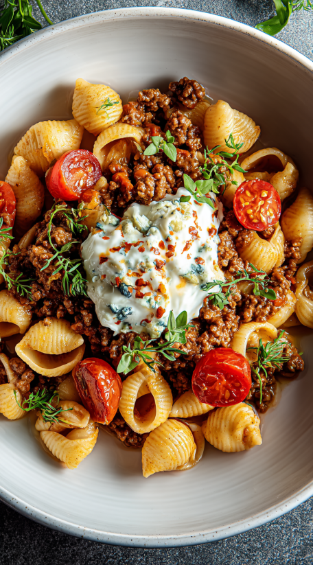 A bowl of pasta with tomatoes and cheese.