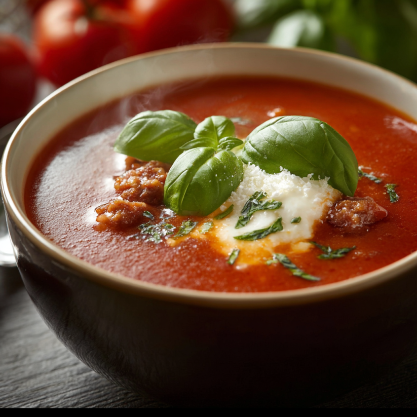 A bowl of soup with a green herb on top.