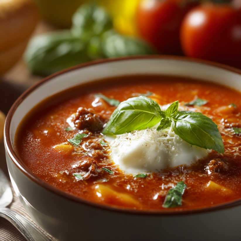 A bowl of lasagna soup with a green herb on top.