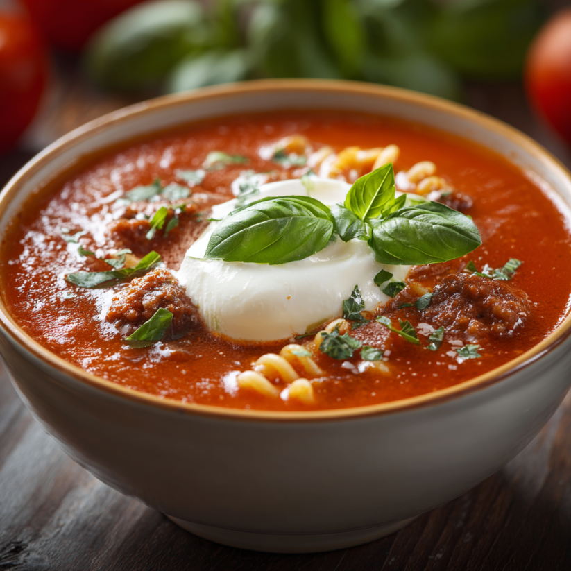 A bowl of lasagna soup with a spoon in it.