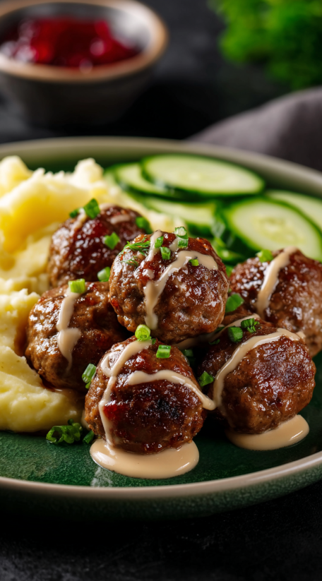A plate of meatballs and potatoes.
