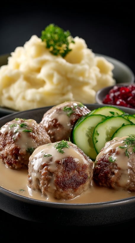 A plate of meatballs with gravy and cucumbers.