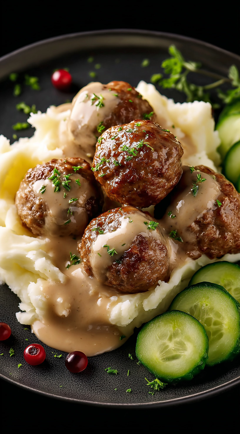 A plate of meatballs with gravy and cucumbers.