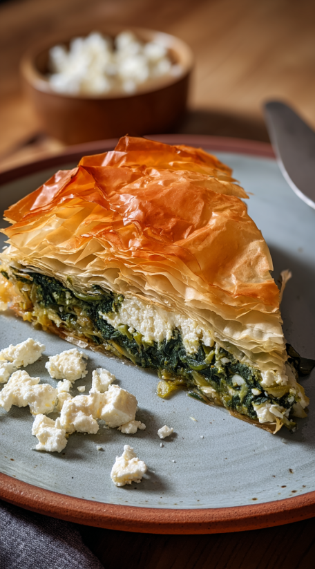 A slice of spinakopita on a plate.