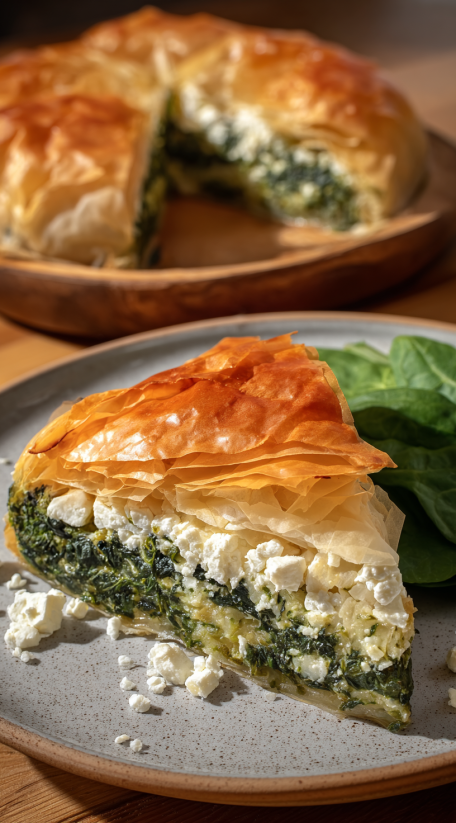 A slice of spinakopita on a plate.