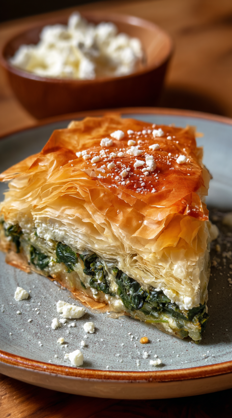 A slice of spinakopita on a plate.