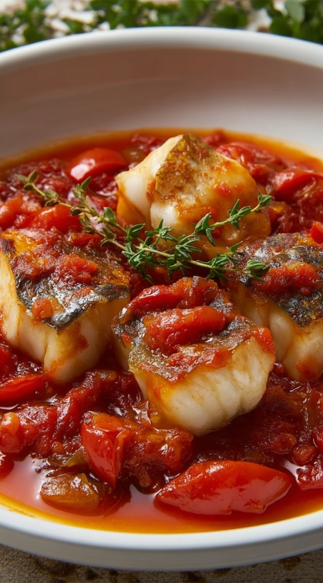 A dish of fish with tomatoes and herbs.
