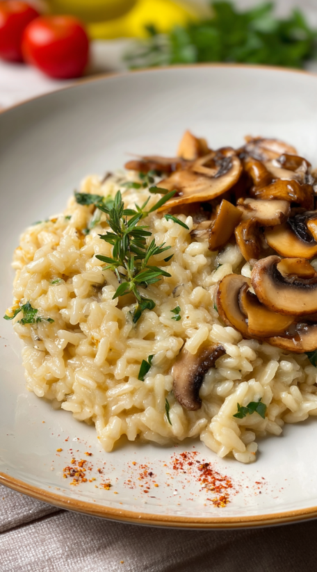 A plate of mushroom risotto with rice and mushrooms.