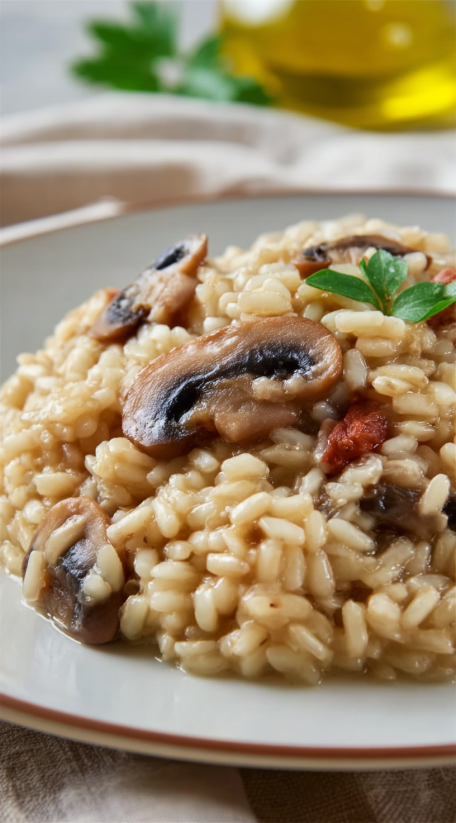A plate of mushroom risotto.