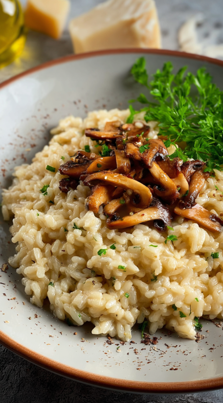 A plate of mushroom risotto with a green garnish.