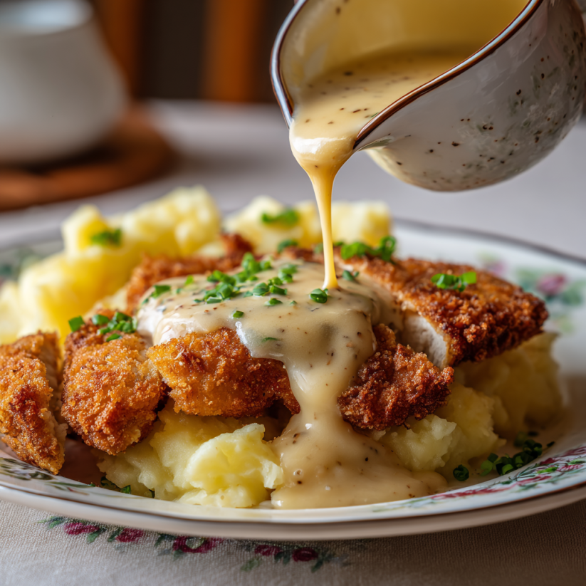 A plate of chicken fried steak with gravy.