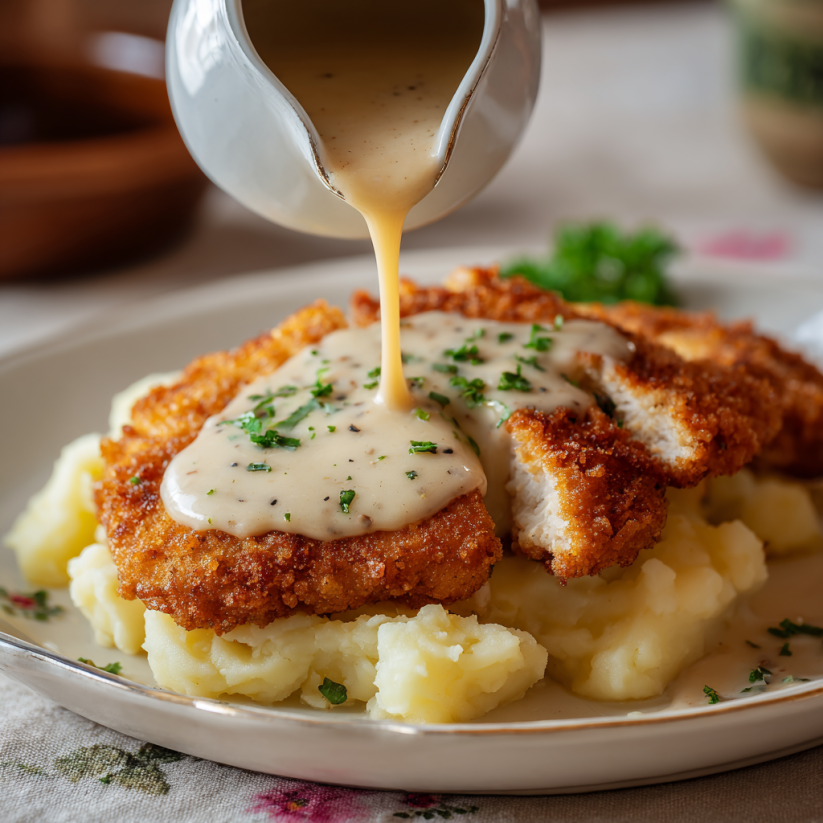 A plate of chicken fried steak with gravy.