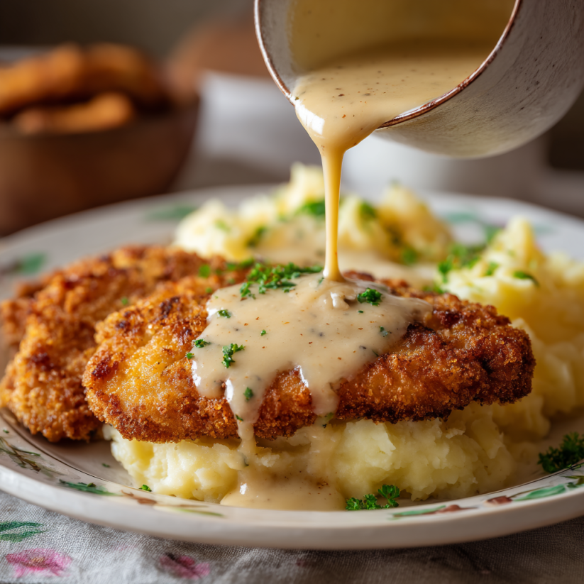 A plate of chicken fried steak with gravy.