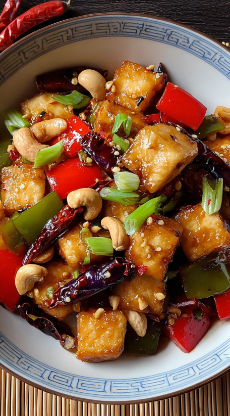 A bowl of kungpao tofu with peppers and nuts.
