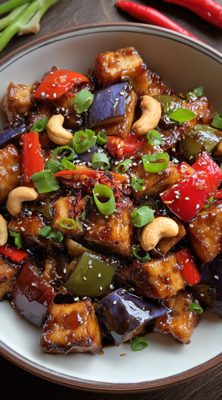 A dish of Kungpao Tofu with peppers and nuts.