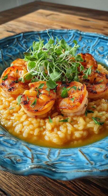 A plate of Saffron Shrimp Risotto.