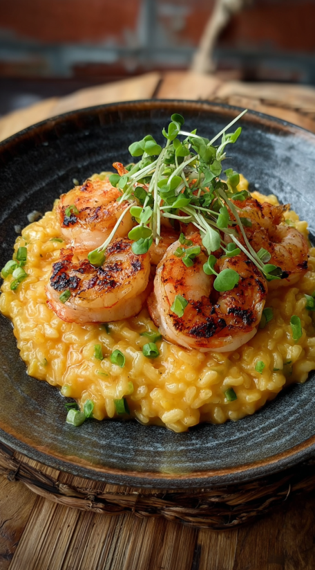 A plate of saffron shrimp risotto.