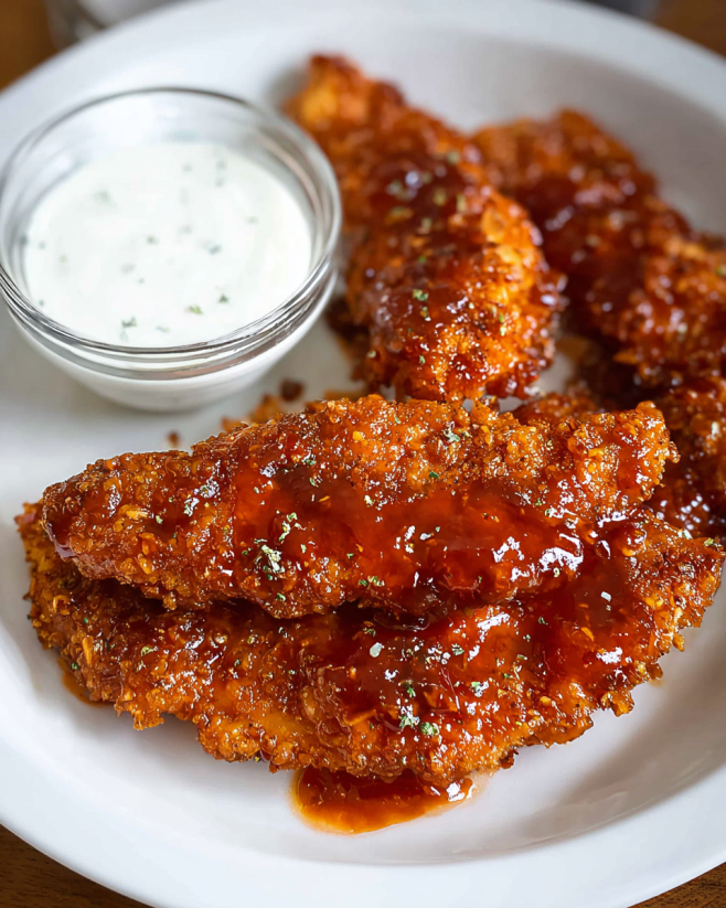 A plate of air-fried honey buffalo chicken tenders.