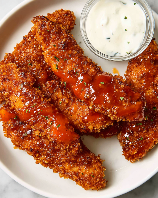 Air-fried honey buffalo chicken tenders with a side of ranch dressing.