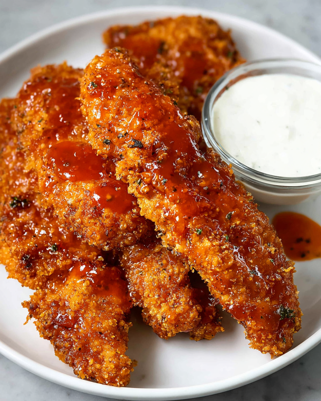 A plate of air-fried honey buffalo chicken tenders.