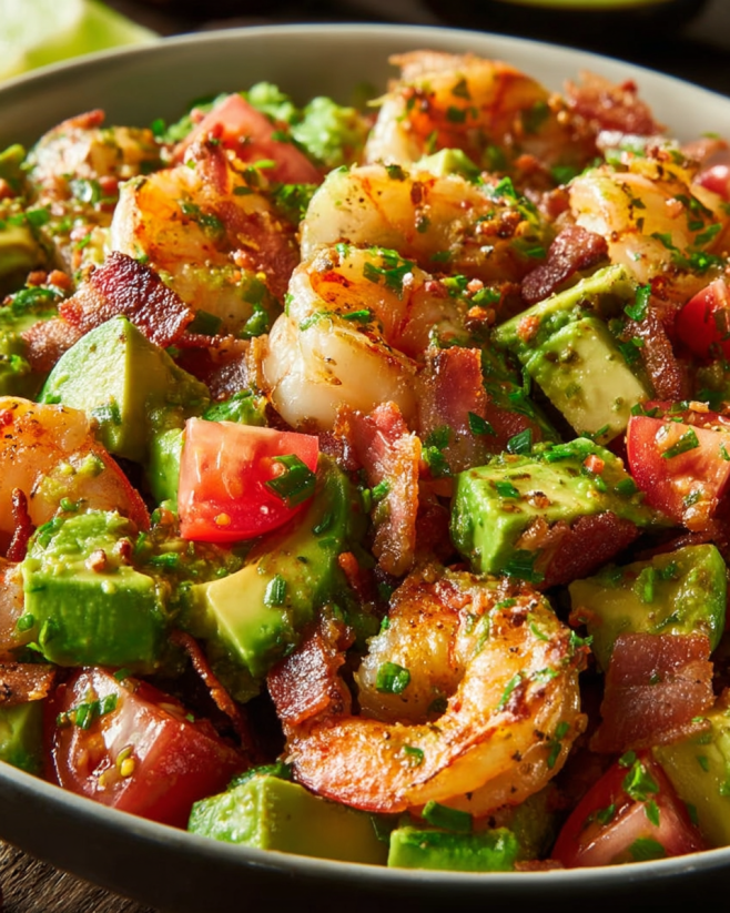 A bowl of shrimp and avocado salad with bacon.