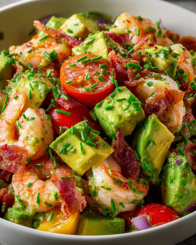 A bowl of shrimp and avocado salad with bacon.