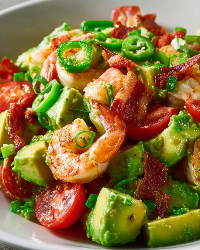 A plate of food with avocado, shrimp, and bacon.
