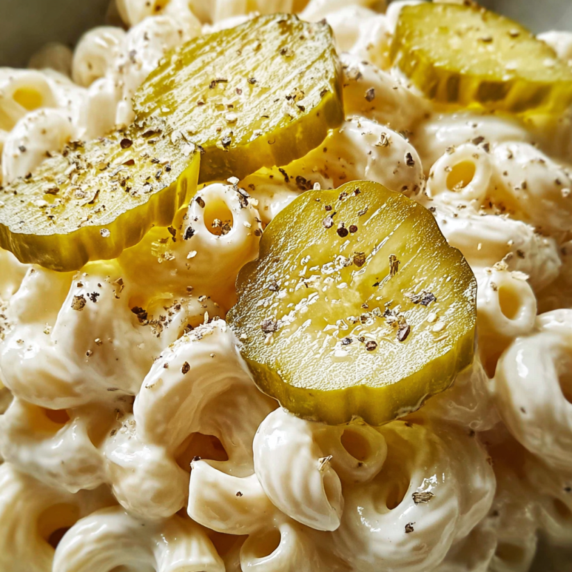 A close up of a dill pickle macaroni salad.