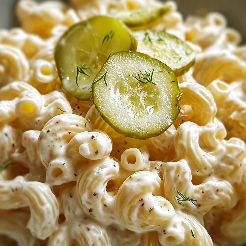 A dish of macaroni salad with pickles on top.