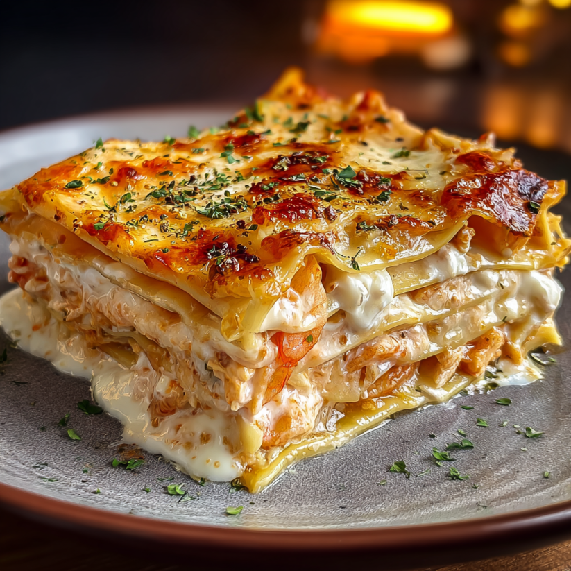 A delicious creamy seafood lasagna delight.