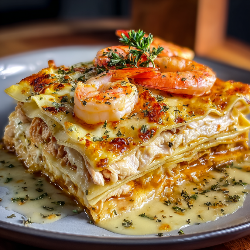 A delicious seafood lasagna with shrimp and tomatoes.