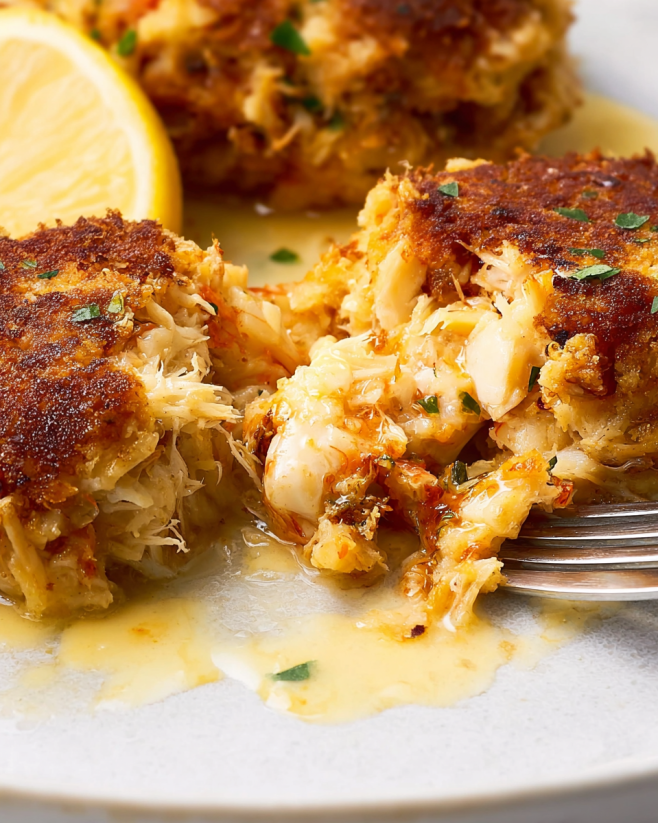 A plate of crab cakes with lemon wedges on top.