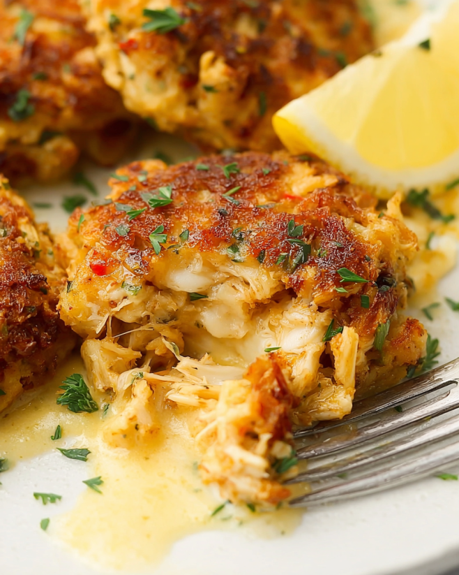 A plate of baked crab cakes with a lemon wedge on top.