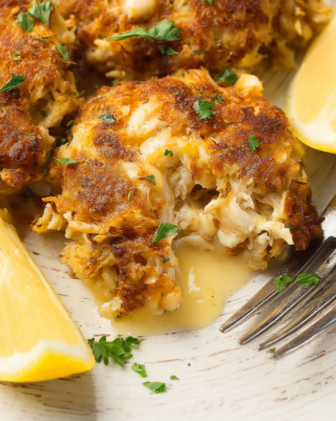 A plate of baked crab cakes with lemon wedges on the side.