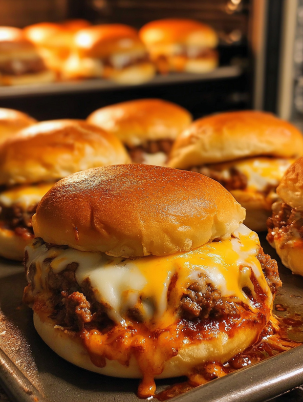 A tray of cheesy pizza burgers.