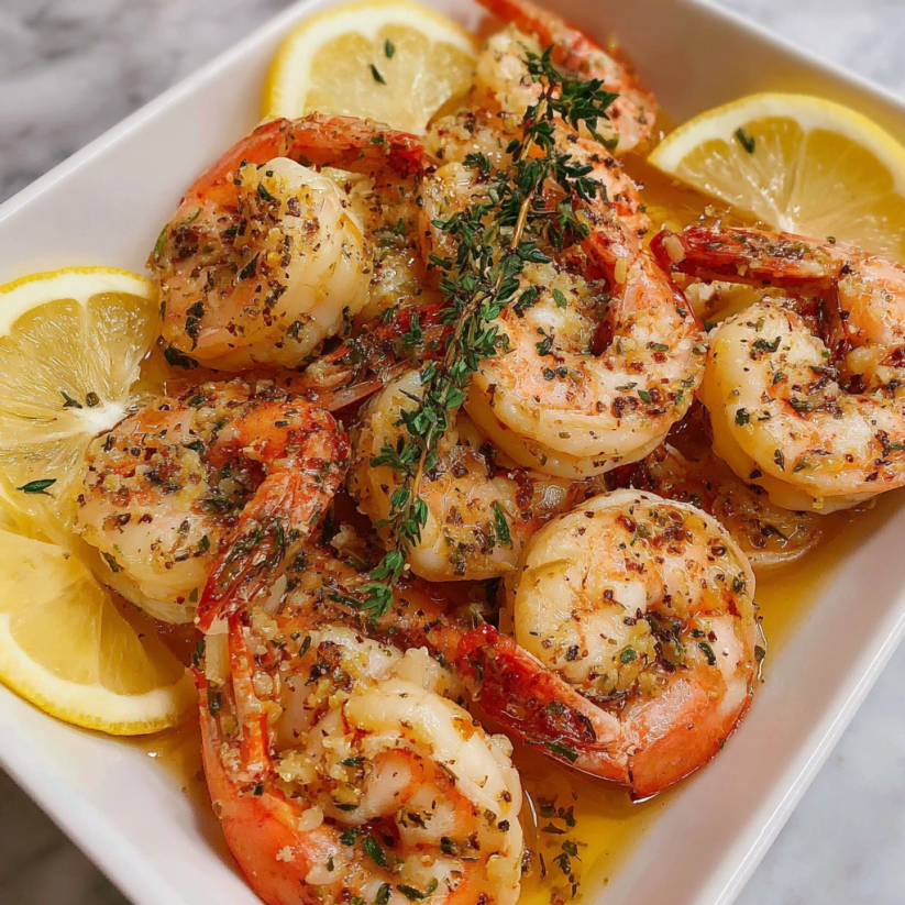 A plate of baked Italian shrimp with lemon.
