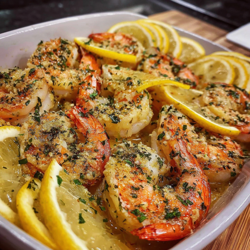 A dish of baked Italian shrimp with lemon.