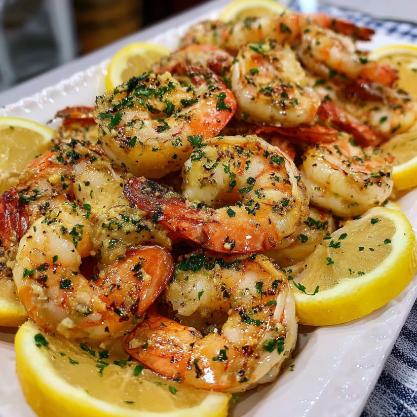 A plate of baked Italian shrimp with lemon wedges on top.