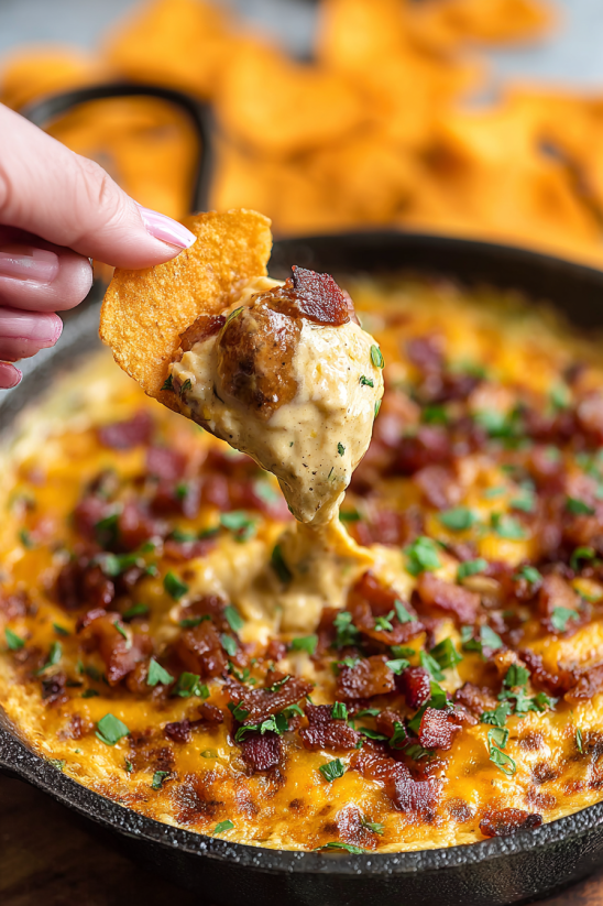 A hand is grabbing a piece of chili cheese dip.
