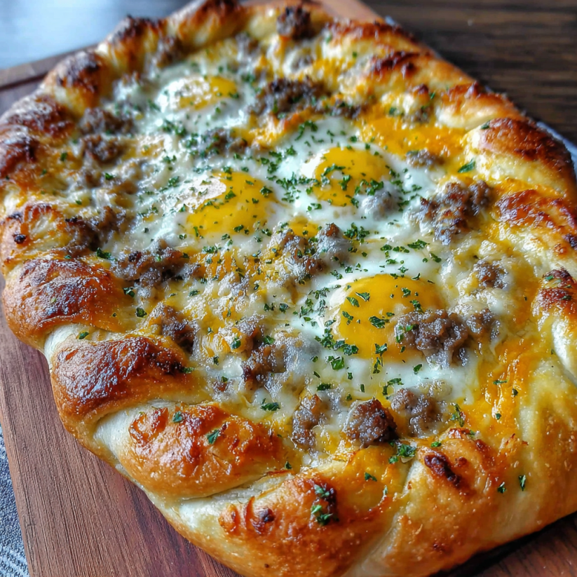 A sausage gravy breakfast pizza on a wooden board.