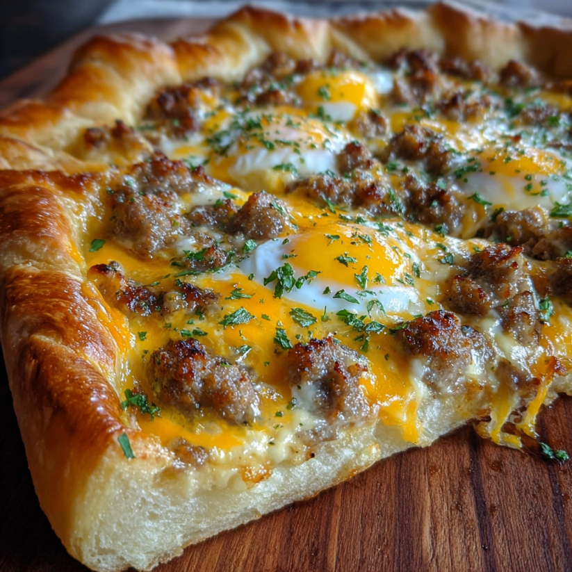 A slice of sausage gravy breakfast pizza.