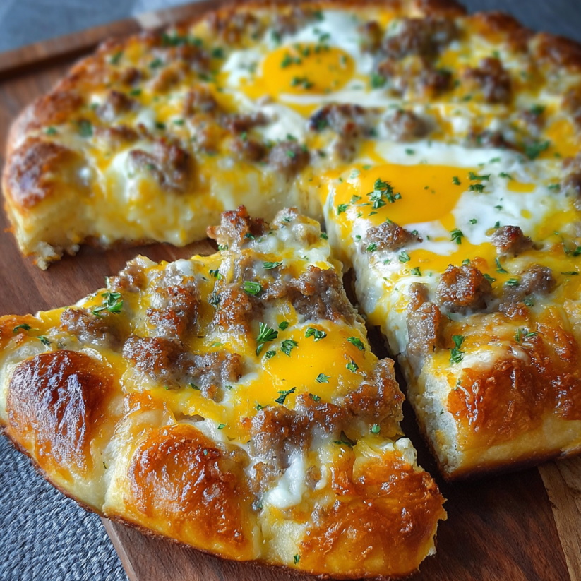A slice of sausage gravy breakfast pizza.