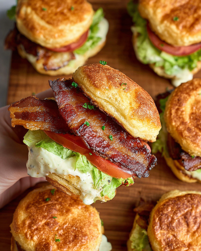 A person is holding a bacon BLT slider.