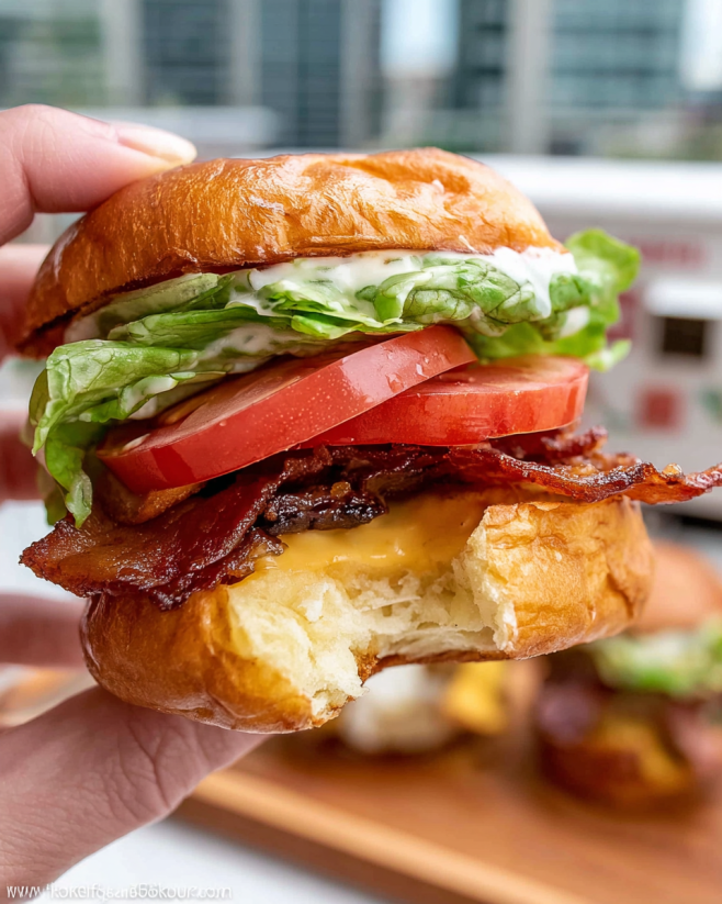A hand holding a bacon BLT slider.
