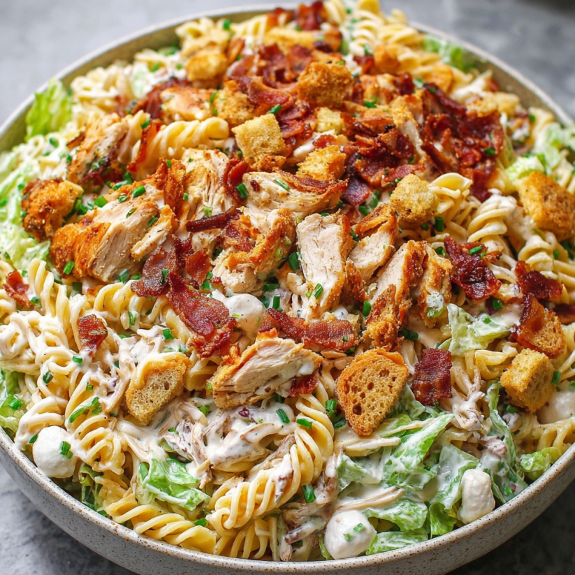 A bowl of chicken bacon ranch pasta salad.