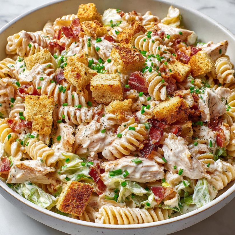 A bowl of chicken bacon ranch pasta salad.